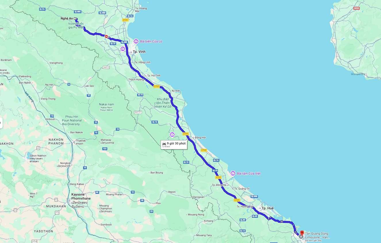 Lộ trình di chuyển từ Nghệ An đi Đà Nẵng