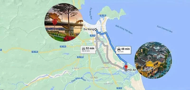 Hội An cách trung tâm Đà Nẵng khoảng 30km về phía Nam